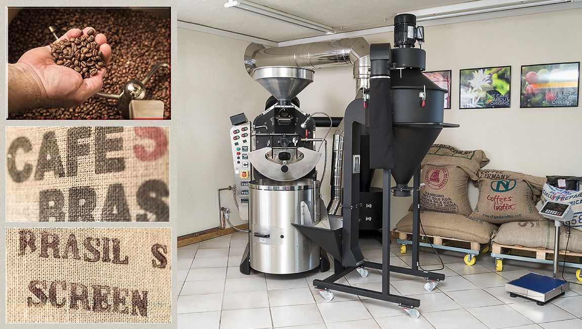 El-Studio-Kaffeerösterei Innenaufnahme von Röstmaschine mit Kaffeesäcken